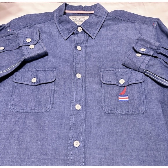 Nautica Other - Nautica Linen Blend Chambray L/S Shirt L Blue Patriotic 90's